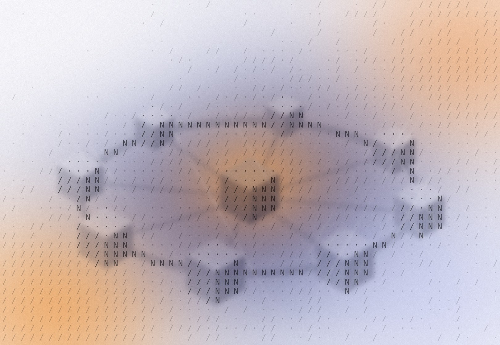 A ring of cubes joined to each other and to a central cube, drawn in slash and N characters over a navy and amber field