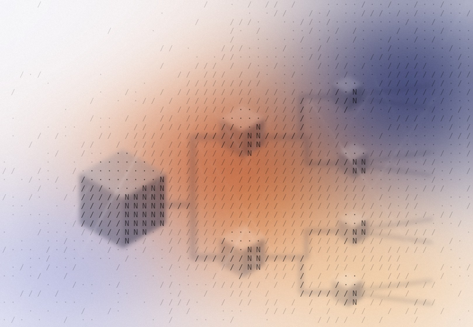 A large cube branching into a tree of smaller cubes, drawn in slash and N characters over a warm orange glow