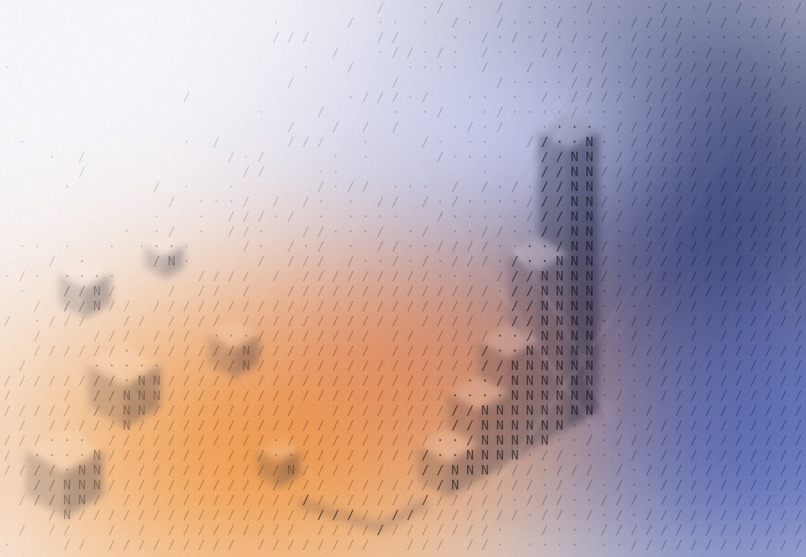 Scattered cubes drawn in slash and N characters on a soft orange and navy field, and a rising stack of cubes on the right